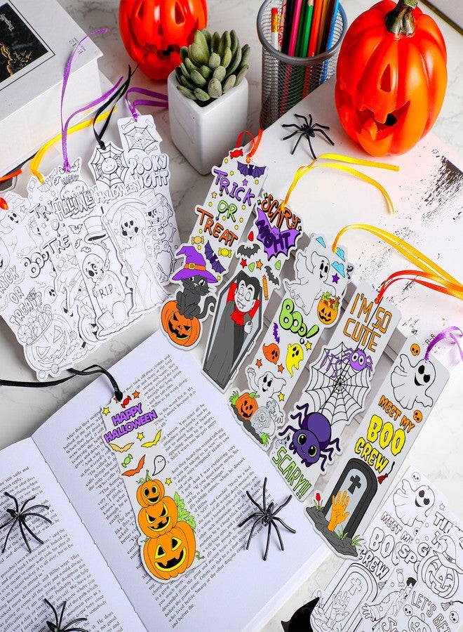Skyygemm 80 Pcs Color Your Own Halloween Bookmarks with Ribbon Bulk DIY Coloring Bookmark Happy Halloween Black Cat Bat Witch Crafts Blank Paint Classroom Decorate for Student Party Supplies(White) - Image 3